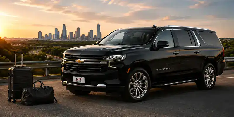 Chevrolet Suburban with the official Lavish Ride logo parked beside premium luggage, ready for a comfortable long-distance journey at sunset.